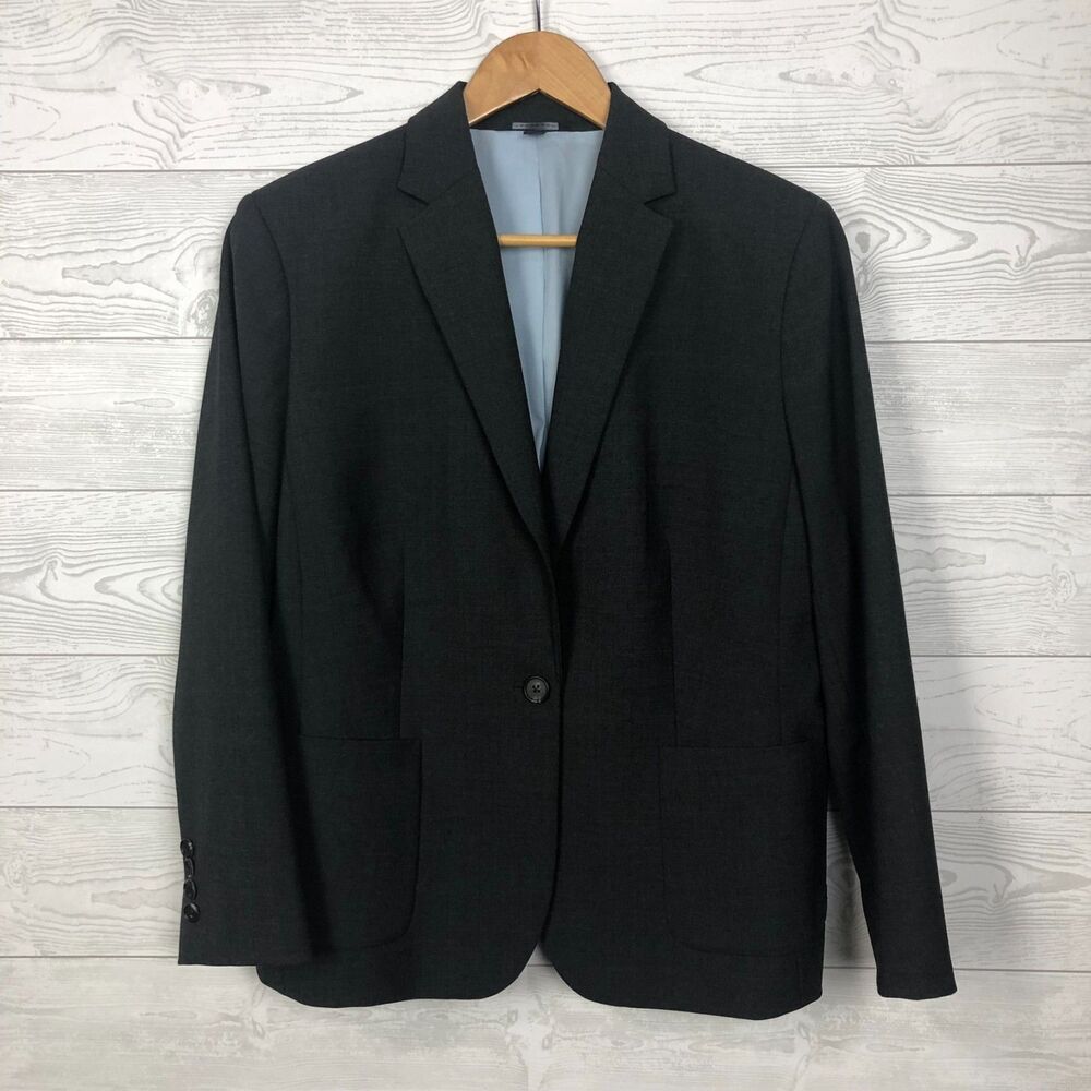 Lands End Women's Size 16 Wool Black One Button Blazer Jacket Fully Lined Gray